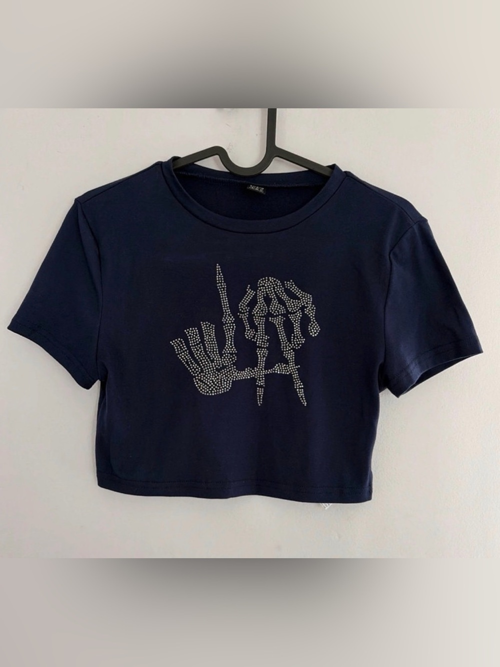 SHEIN Navy Cropped Short Sleeve Tee with Rhinestone Skeleton